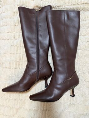 Coach Dark Brown Pointed-Toe Knee Boots with Mid Heel